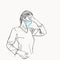 Sketch of woman in medical face mask has headache holding hand on her head closed eyes, coronavirus pandemic problem suffering