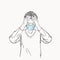 Sketch of woman in medical face mask has headache holding hands on her head closed eyes, coronavirus pandemic