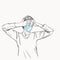 Sketch of woman in medical face mask has headache holding hands on her head closed eyes, coronavirus pandemic