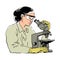 Sketch of woman scientist looking through microscope. Female laboratory assistant in protective glasses and rubber