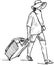 Sketch of woman vacationer in hat walking with her suitcase