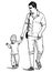 Sketch of young father with his small kid walking outdoors on summer day