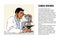 Sketch of young scientist looking through microscope. Place for text with title Clinical Research. Vector.