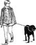 Sketch of young woman with her dog walking n a stroll