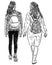 Sketch of a young woman with her teen daughter walking outdoors