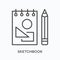 Sketchbook flat line icon. Vector outline illustration of paper textbook and pencil. Black thin linear pictogram for