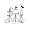 Sketche of ship with sails