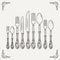 Sketched illustration of retro tableware. Vector pictures of spoon, fork and knife