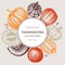 Sketched pumpkin wreath in color. Thanksgiving day vintage design. Autumn food drawings. Vector vegetables, butternut squash,