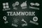 Sketched word cloud of teamwork related icons and words