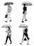 Sketches casual citizens walking down street under umbrellas in rainy weather