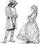 Sketches of lady and gentleman in luxury historical costumes standing and speaking