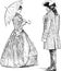 Sketches of lady and gentlemen in luxury historical costumes standing and talking