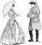 Sketches of people couple in luxury clothing of 18th century standing and talking