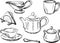 Sketches of set of various kitchen utensils for tea drinking