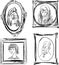 Sketches of various portraits people in picture frames