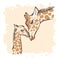 Sketchy portrait of two giraffes. Hand drawn color illustration. Simple line drawing
