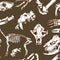 Sketchy prehistorical animals pattern. Archeology excavations, skeleton and skulls seamless vector.