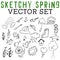 Sketchy Spring Vector Set with rainbow, rake, umbrella, rain boot, flower, bike, sunflower, and birdhouse