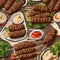 Skewered and grilled spiced ground meat served with pita bread and tahini sauce