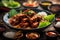 Skewers of lamb on a wooden skewers on a black background