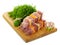 Skewers with slices fresh pork, vegetables, dill and board isolated.