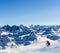 Ski area with amazing view of swiss famous mountains in beautiful winter snow Mt Fort. The matterhorn and the Dent d`Herens. In