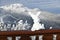 Ski bunny snow sculpture at Stowe Ski Resort in Vermont, view to the Mansfield mountain slopes