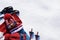 Ski equipment snow background, skiing vacation, copy space