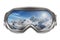 Ski goggles with reflection of mountains