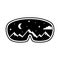 Ski goggles with reflection of snowy mountains, night sky, moon. Black illustration of snowboard equipment, winter sports mask.