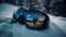 Ski goggles on snow closeup, mountain background. Active recreation, winter sports. AI generated.