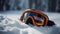 Ski goggles on snow closeup, mountain background. Active recreation, winter sports. AI generated.