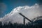 Ski jump silhouette, winter white snowy mountains in background. High Tatras, Slovakia