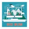 Ski mountain resort in flat cartoon design with funiculars, mountains, house, trees and snow. Ski resort in  winter time. Vector s