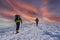 Ski mountaineering in the italian alps at sunset