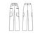 Ski pants technical fashion illustration with low waist, high rise, flap zipper patch pockets, belt loops, full lengths.