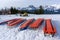 Ski Patrol Rescue Toboggans on Snow in Mountain Ski Resort