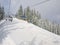 Ski piste among spruce forest from chairlift