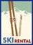 Ski rental retro poster design with pair of skis and winter mountain shape. Winter vacation concept.