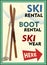 Ski rental retro poster design with pair of skis and winter mountain shape. Winter vacation concept.