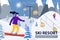 Ski resort banner illustration with ski lift, snowboarder and skier.