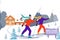 Ski resort banner illustration with skiers, wooden hotel and snowy mountains.