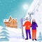 Ski resort banner illustration with wooden house, ski lift and happy couple with skis on snowy landscape.