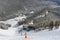 Ski resort Bansko, Bulgaria aerial view, skiers on lift