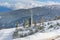 Ski resort Bansko, Bulgaria view, skiers on lift