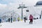 Ski resort Bansko, Bulgaria view, skiers on lift