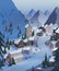 Ski resort. Beautiful landscapes with mountains, houses, hotels, fir trees and ski lift. Night scenery.