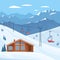 Ski resort with chair lift, house, chalet, winter mountain landscape, snow.