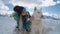 Ski resort entertainments. Friends have fun on the ski resort. Young girl with blonde hair caress siberian husky